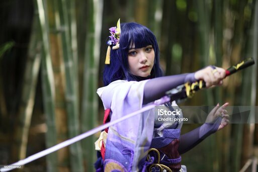 purple haired woman, dressed in historical japanese cosplay holding a sword.